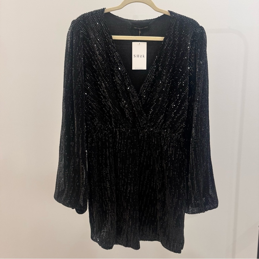 NWT The Vintage Shop Black Sequin Long Sleeve Mini Dress L Party Cocktail